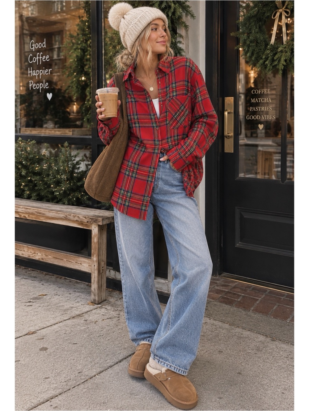 La Miel Plaid Oversized Shirt Red Button Front Long Sleeve Womens Small New
